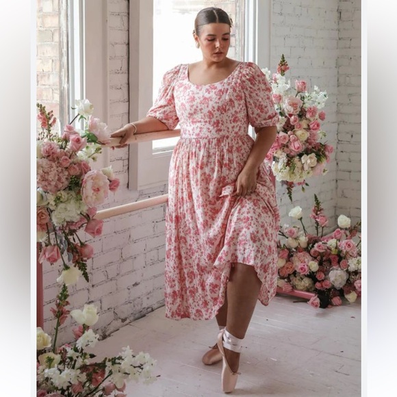 JessaKae Dresses & Skirts - JessaKae Pink Floral Puff Sleeve Midi Dress Boho Vera Size XXL 2X